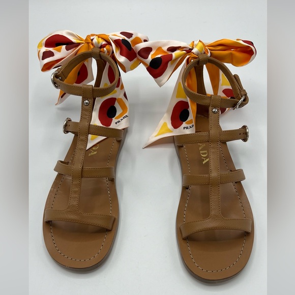 NIB Prada Women's Brown Leather Gladiator Sandals 1X096M With Silk Scarf Size 37 - Picture 7 of 16